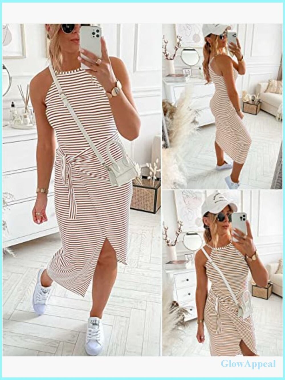 Sleeveless Striped Ruched Bodycon Midi Dress Tie Waist Summer Casual - Picture 4 of 7